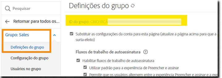 A guia Configurações do grupo destacando a ID do grupo