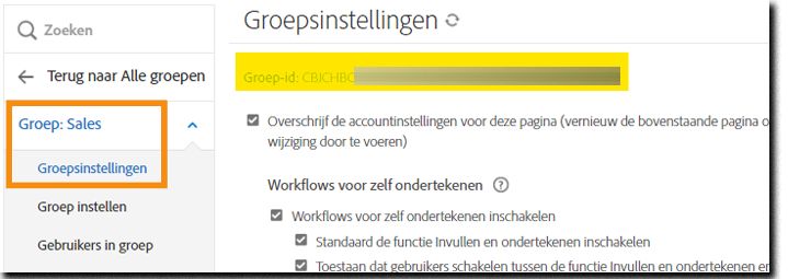 Het tabblad Groepsinstellingen met de groeps-ID gemarkeerd