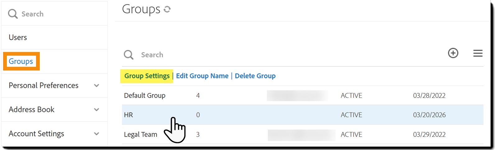 Der Tab „Gruppen“ mit einer ausgewählten Gruppe, die die Aktionslinks freilegt. 