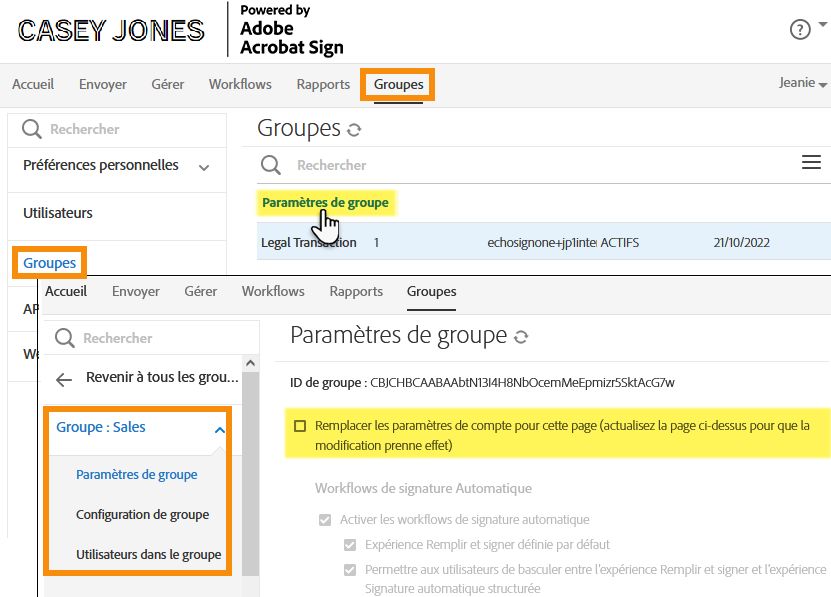 Accès aux paramètres de groupe lorsque l’administrateur est habilité à gérer plusieurs groupes