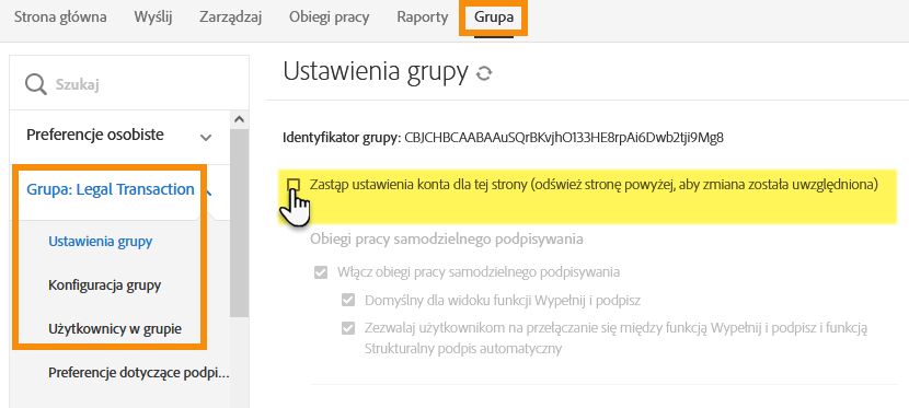 Dostęp grupy do ustawień, gdy ich uprawnienia obejmują tylko jedną grupę