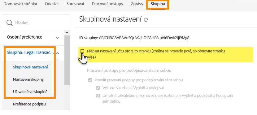 Přístup k nastavení skupiny, pokud má správce oprávnění pouze pro jednu skupinu