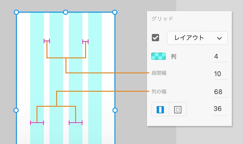 レイアウトグリッドの段間のプロパティの変更