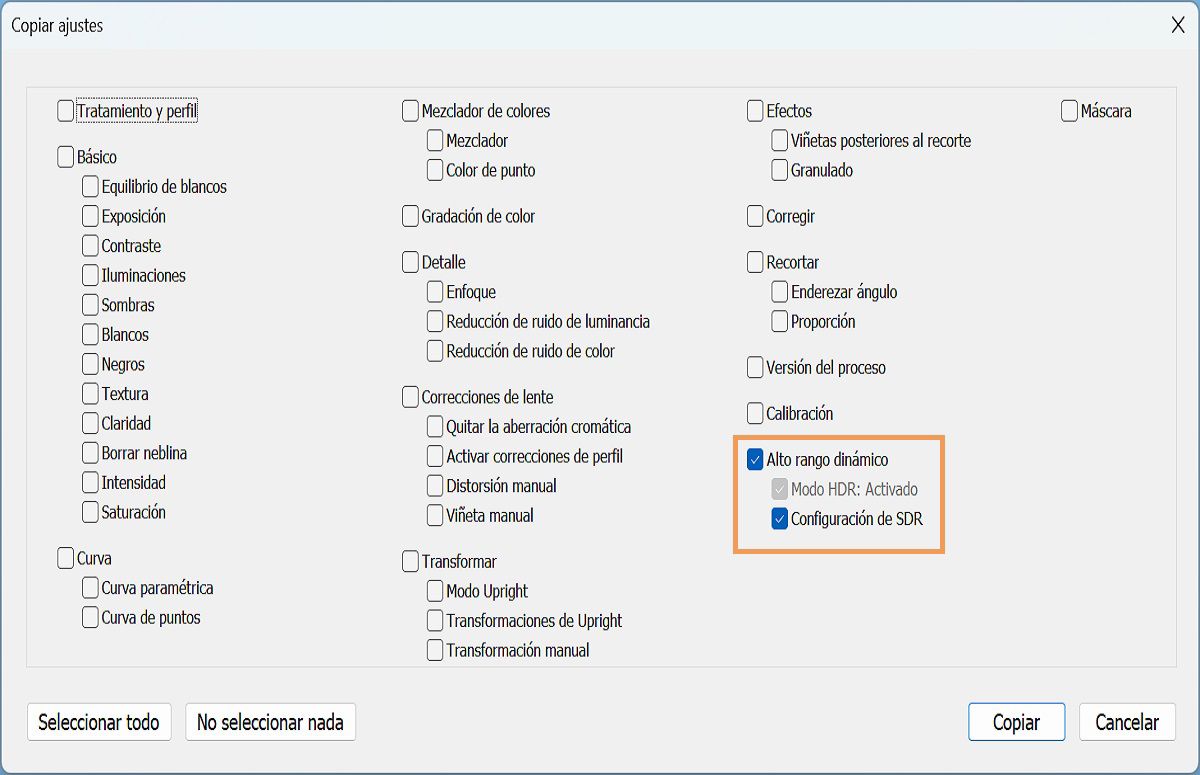 Configuración de copiar y pegar para HDR
