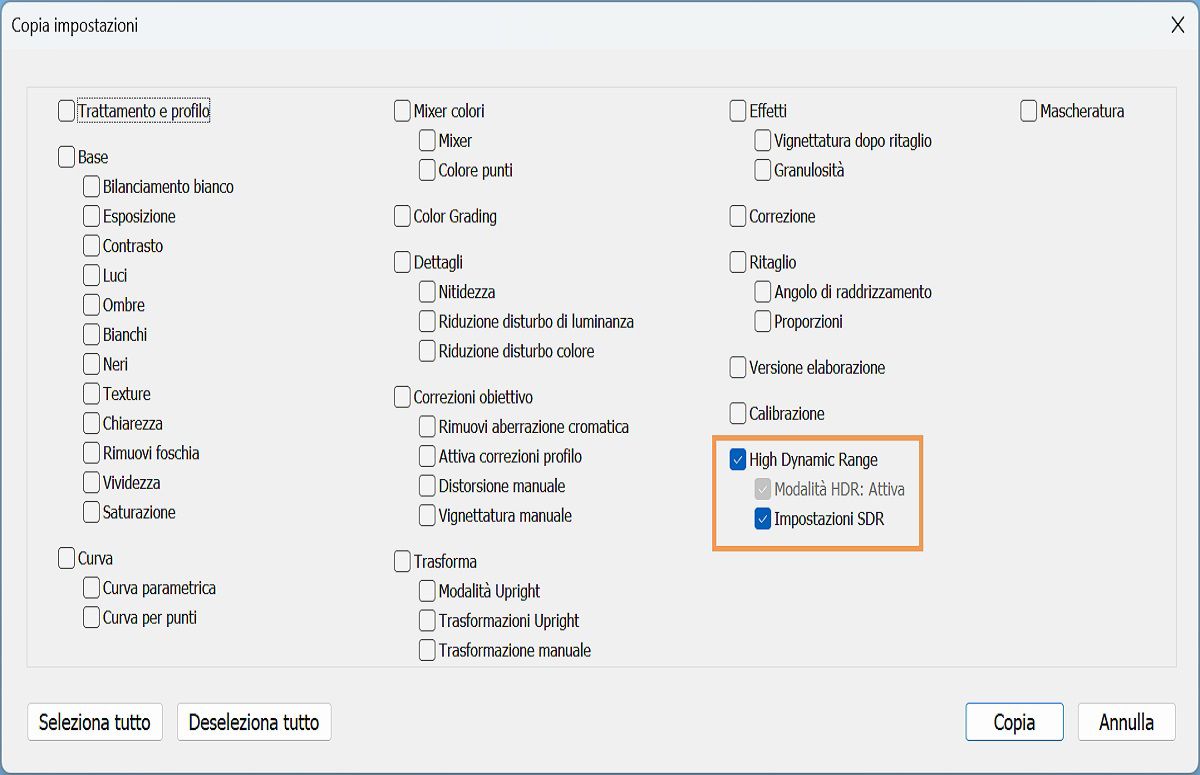 Copiare e incollare un’impostazione per HDR