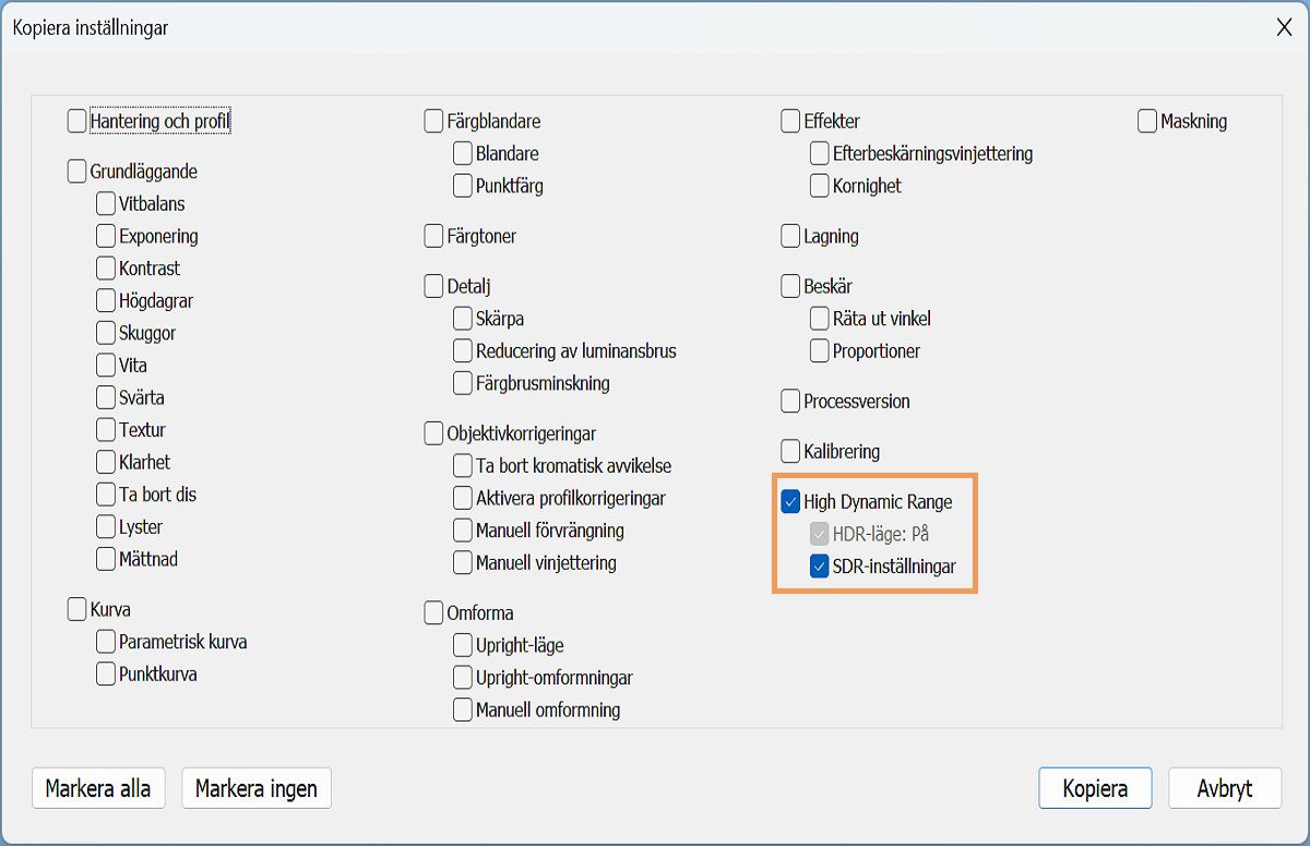 Kopiera och klistra in HDR-inställning