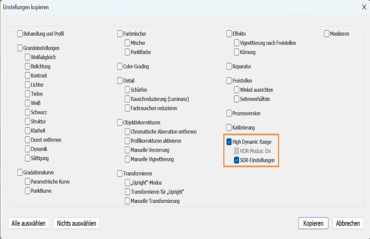 Kopieren und Einfügen von Einstellungen für HDR