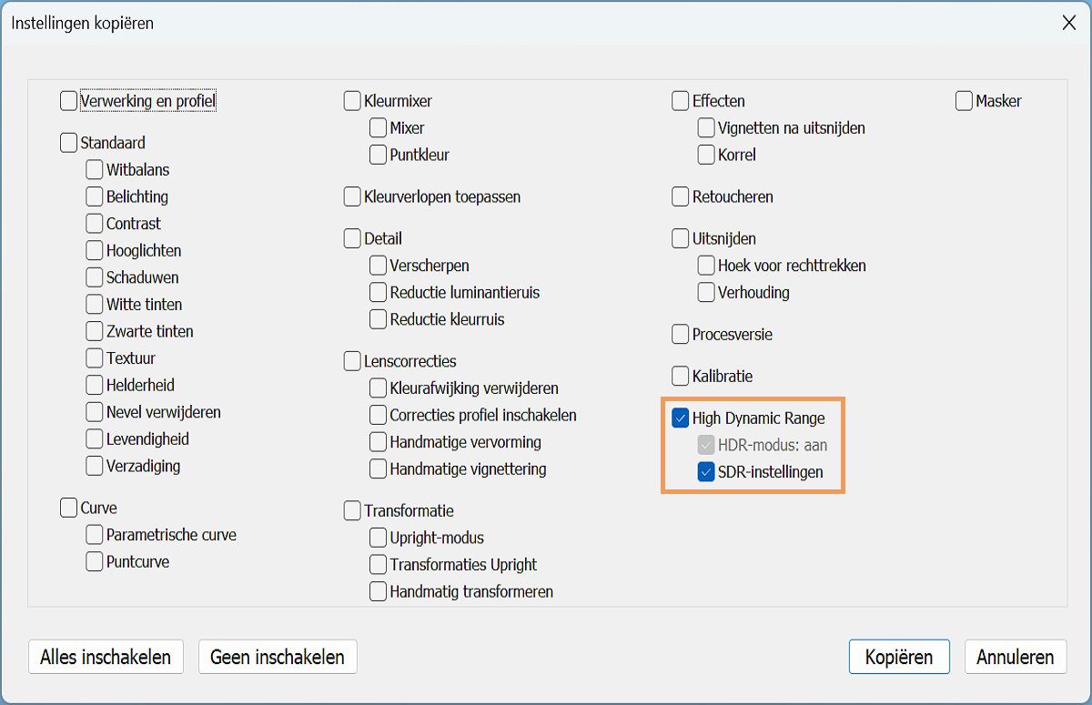 Instellingen kopiëren/plakken voor HDR