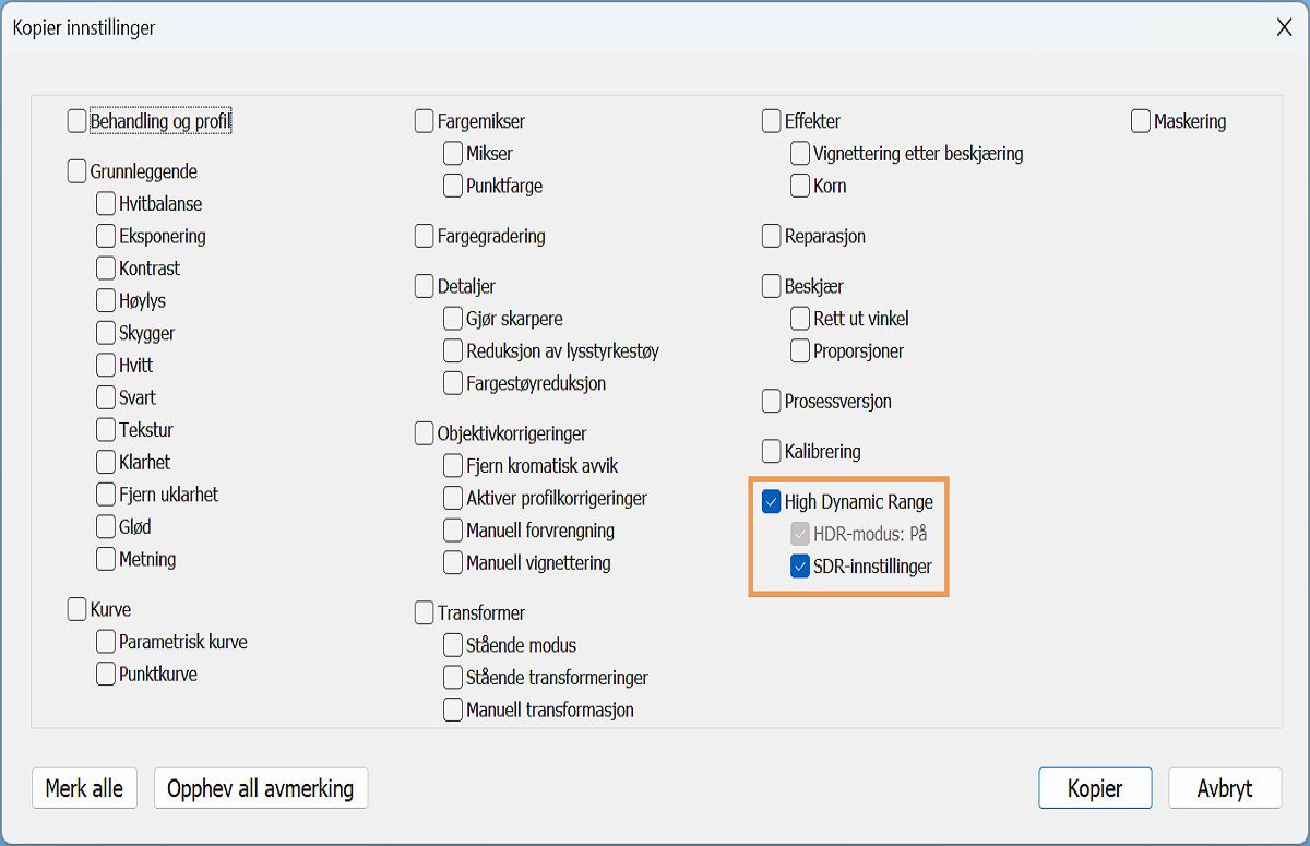 Kopier og lim inn innstillinger for HDR