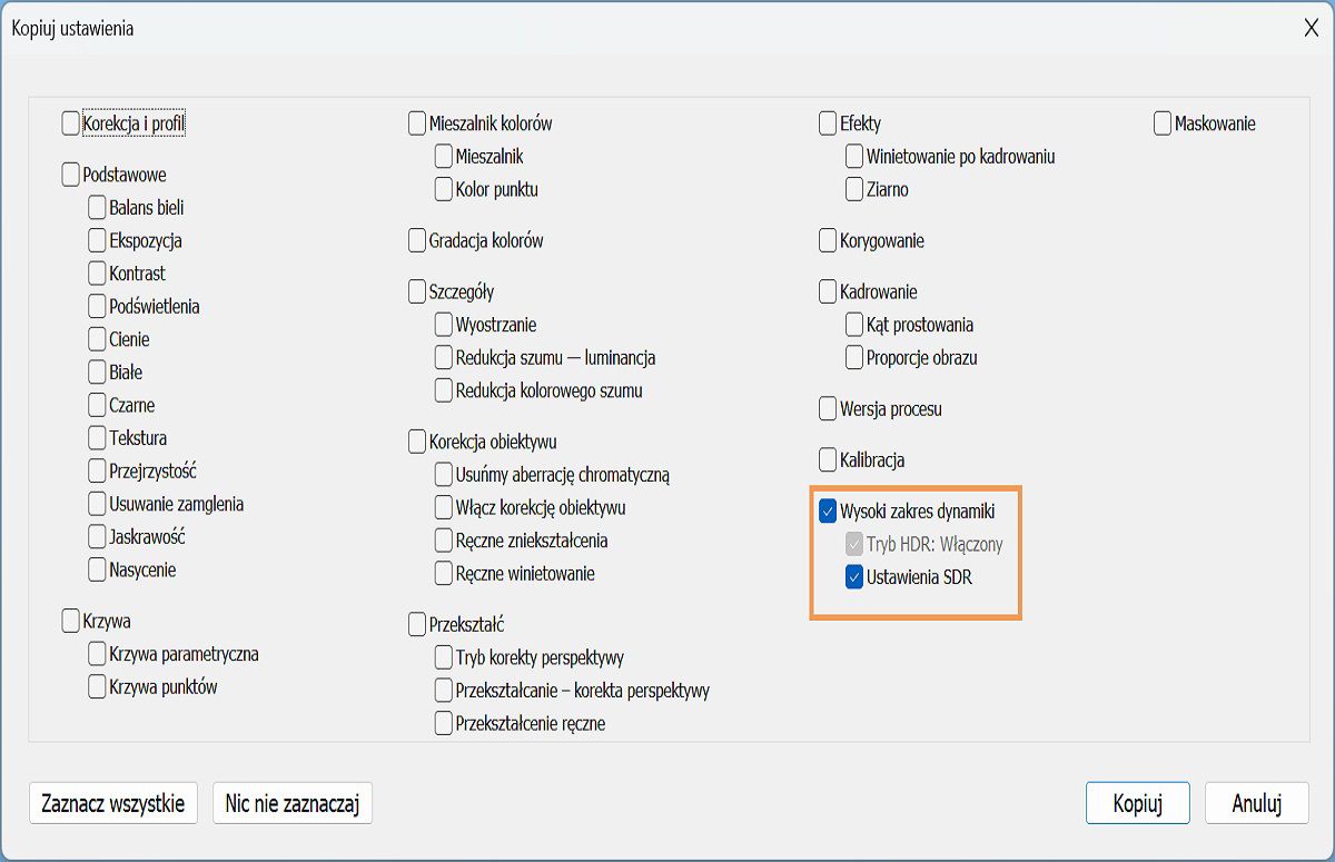 Kopiowanie i wklejanie ustawień trybu HDR
