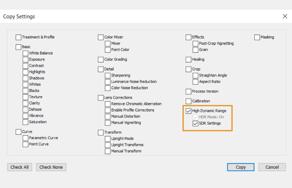 Copy paste setting for HDR