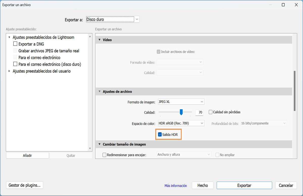 Exportar configuración HDR
