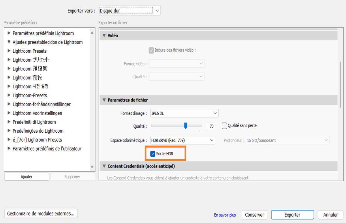 Réglage d’exportation HDR