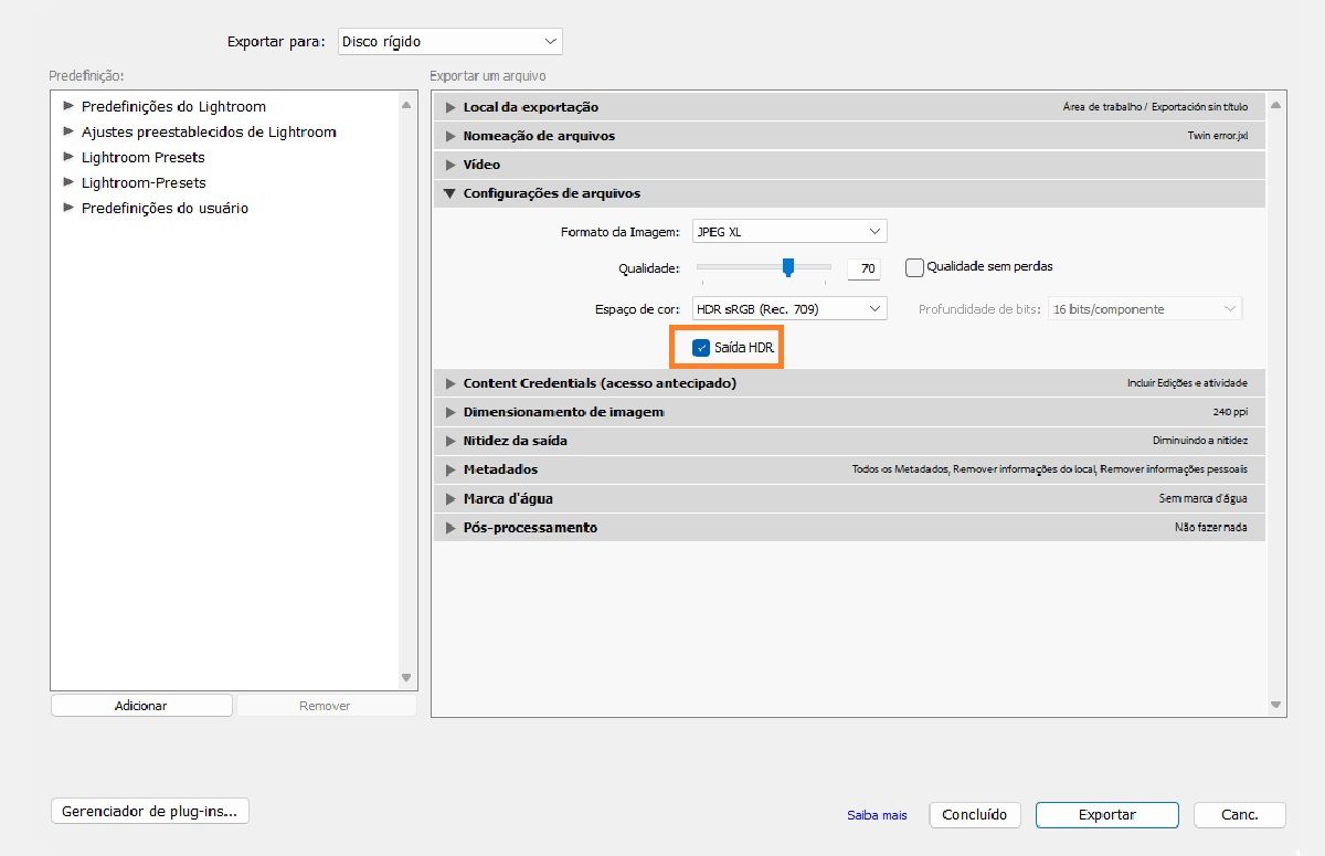 Exportar configuração de HDR