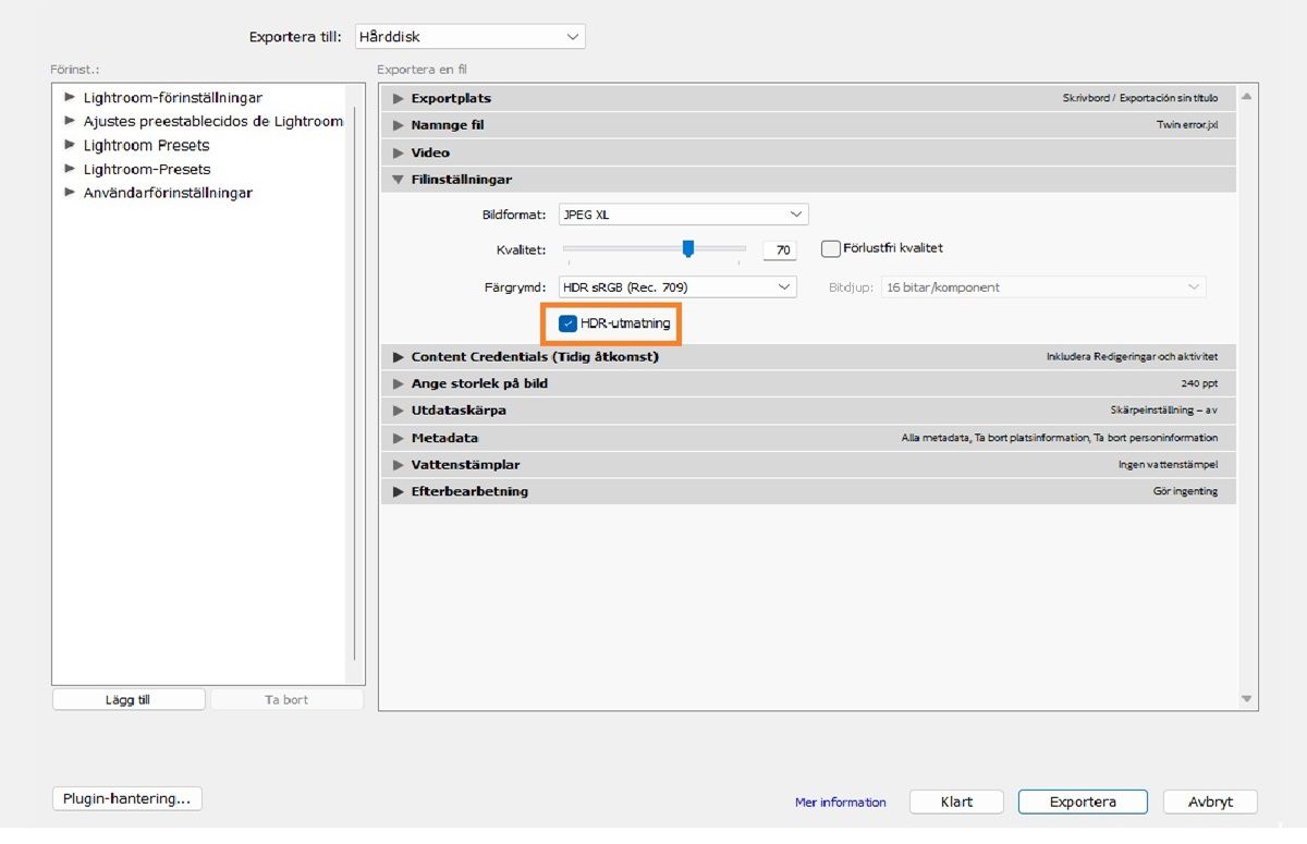 Exportera HDR-inställning