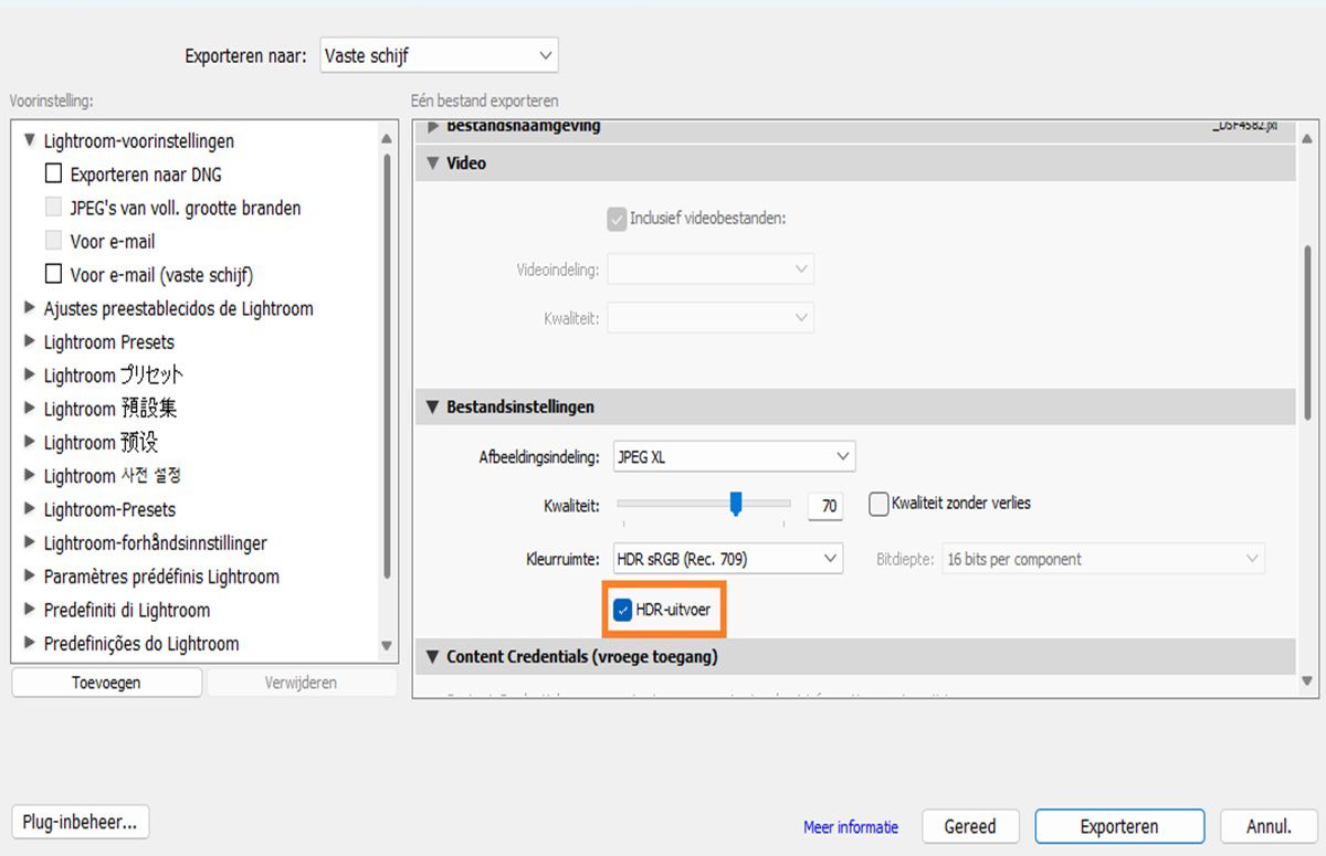 HDR-instelling exporteren