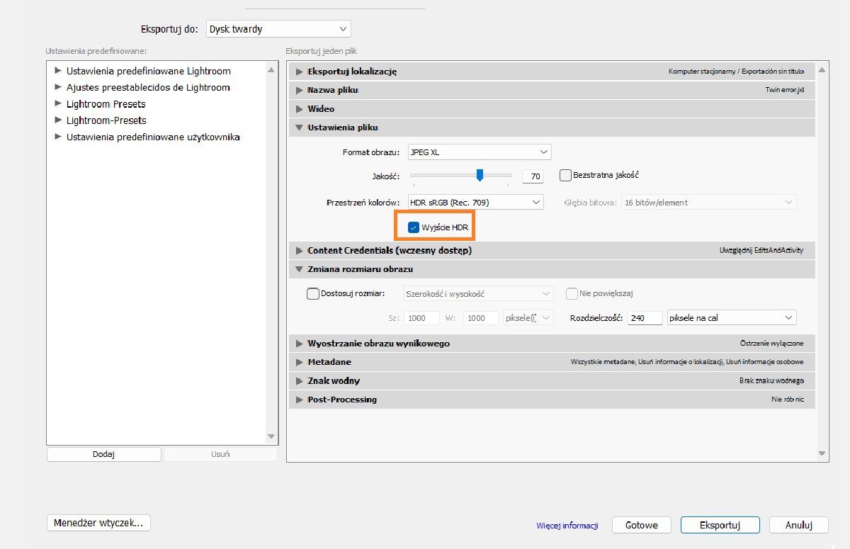 Ustawienia eksportu HDR
