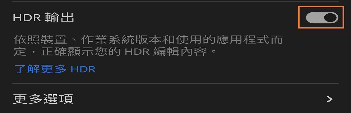 「HDR 輸出」切換開關