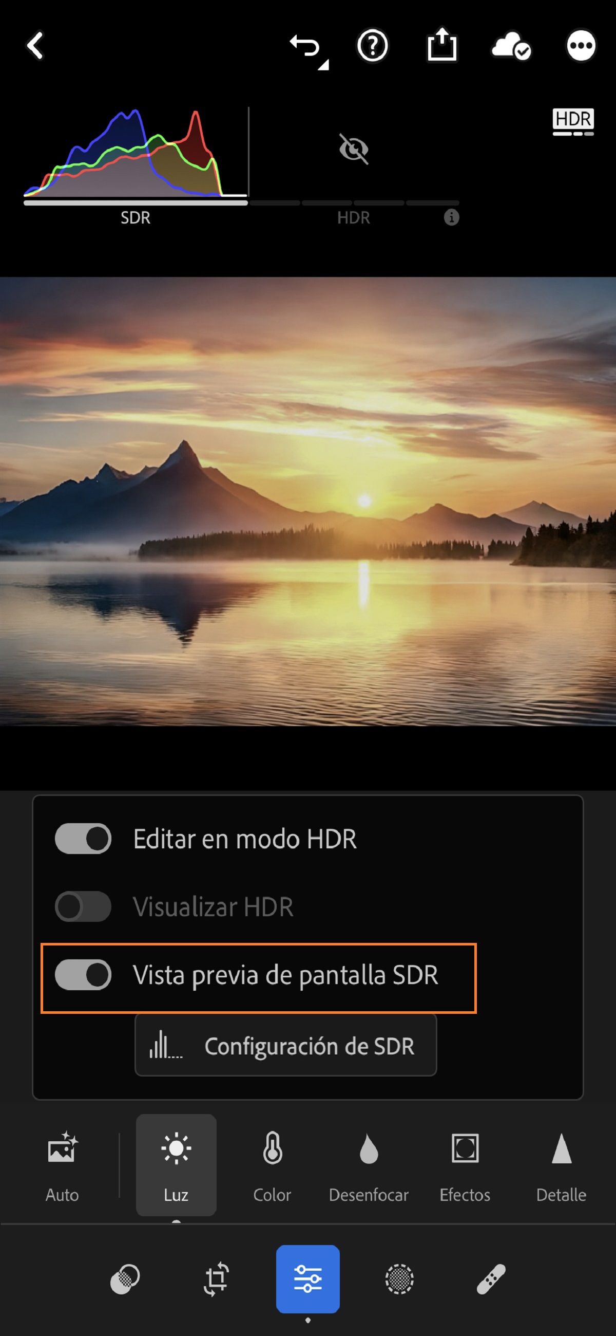 Opción Vista previa de pantalla SDR