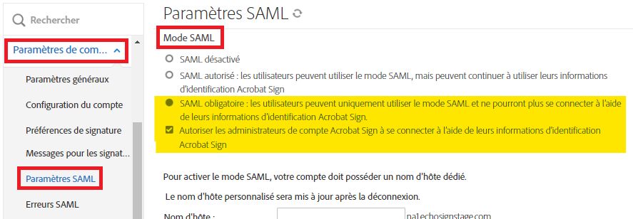 Menu administrateur Paramètres SAML mettant en évidence la configuration du mode SAML