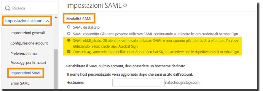 Impostazioni SAML nel menu di amministrazione che evidenzia la configurazione della modalità SAML