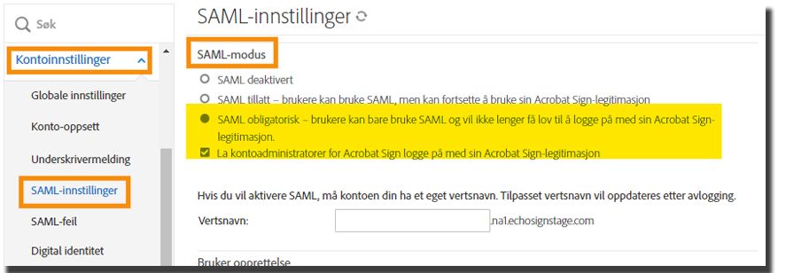 SAML-innstillinger i Admin-menyen uthever SAML-moduskonfigurasjonen