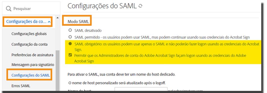 Configurações SAML no menu Administrador, realçando a configuração do Modo SAML