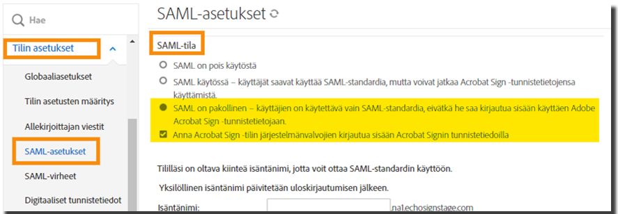 Hallinta-valikon SAML-asetuksissa on korostettuna SAML-tilan määritykset