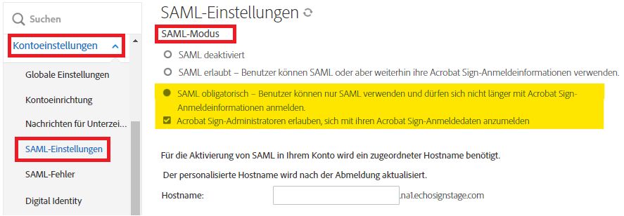 SAML-Einstellungen im Admin-Menü, in denen die Konfiguration des SAML-Modus hervorgehoben ist