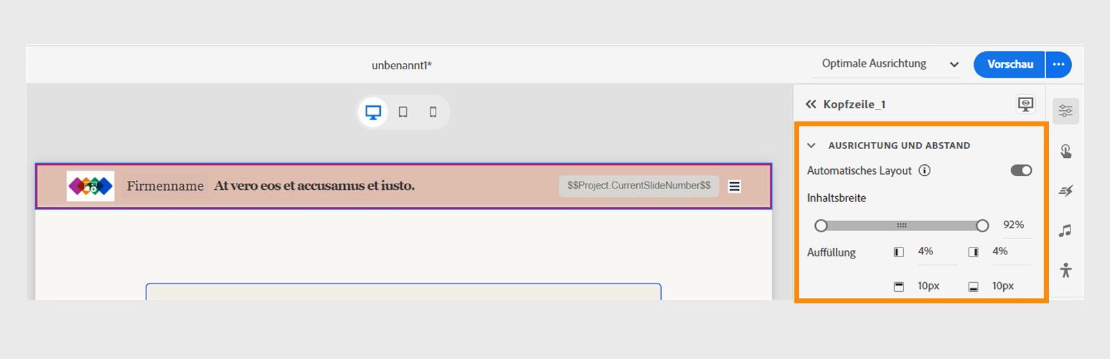 Ausrichtung und Abstand für Kopfzeilen