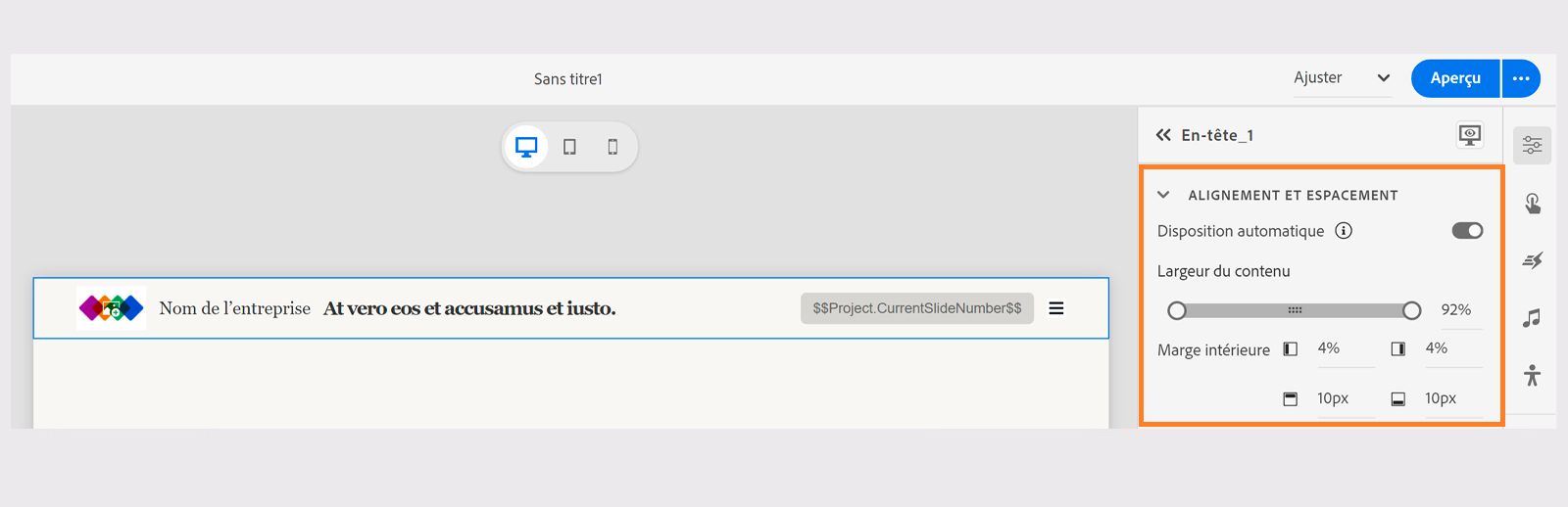 Alignement et espacement des en-têtes