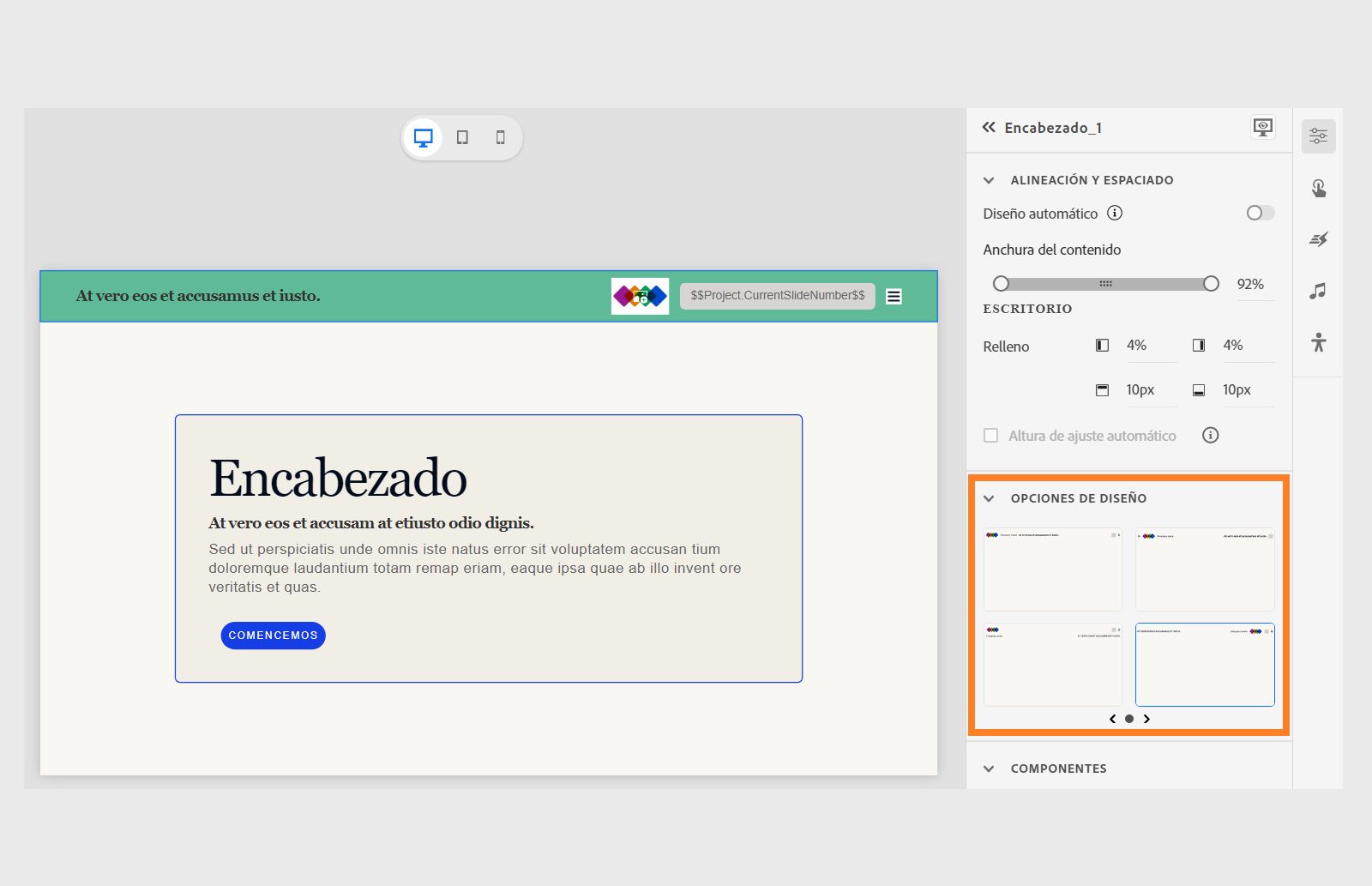 Opciones de diseño de un encabezado