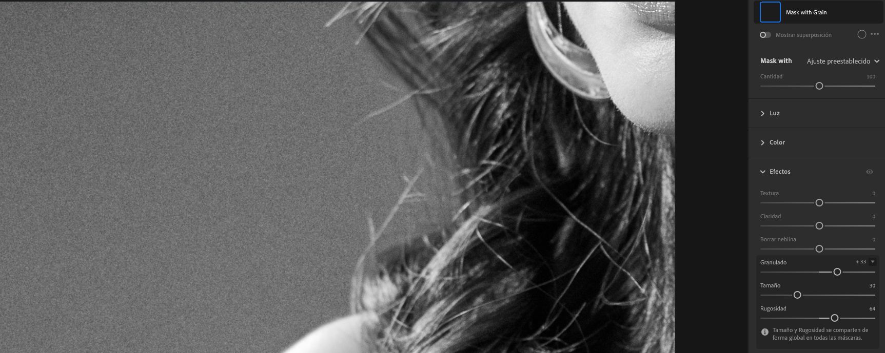 Regulador Grano del panel Efectos.