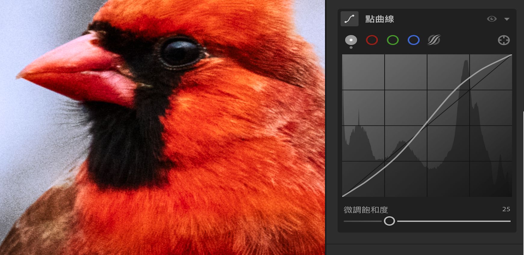 「微調飽和度」滑桿在「點曲線」中預設為 100。 