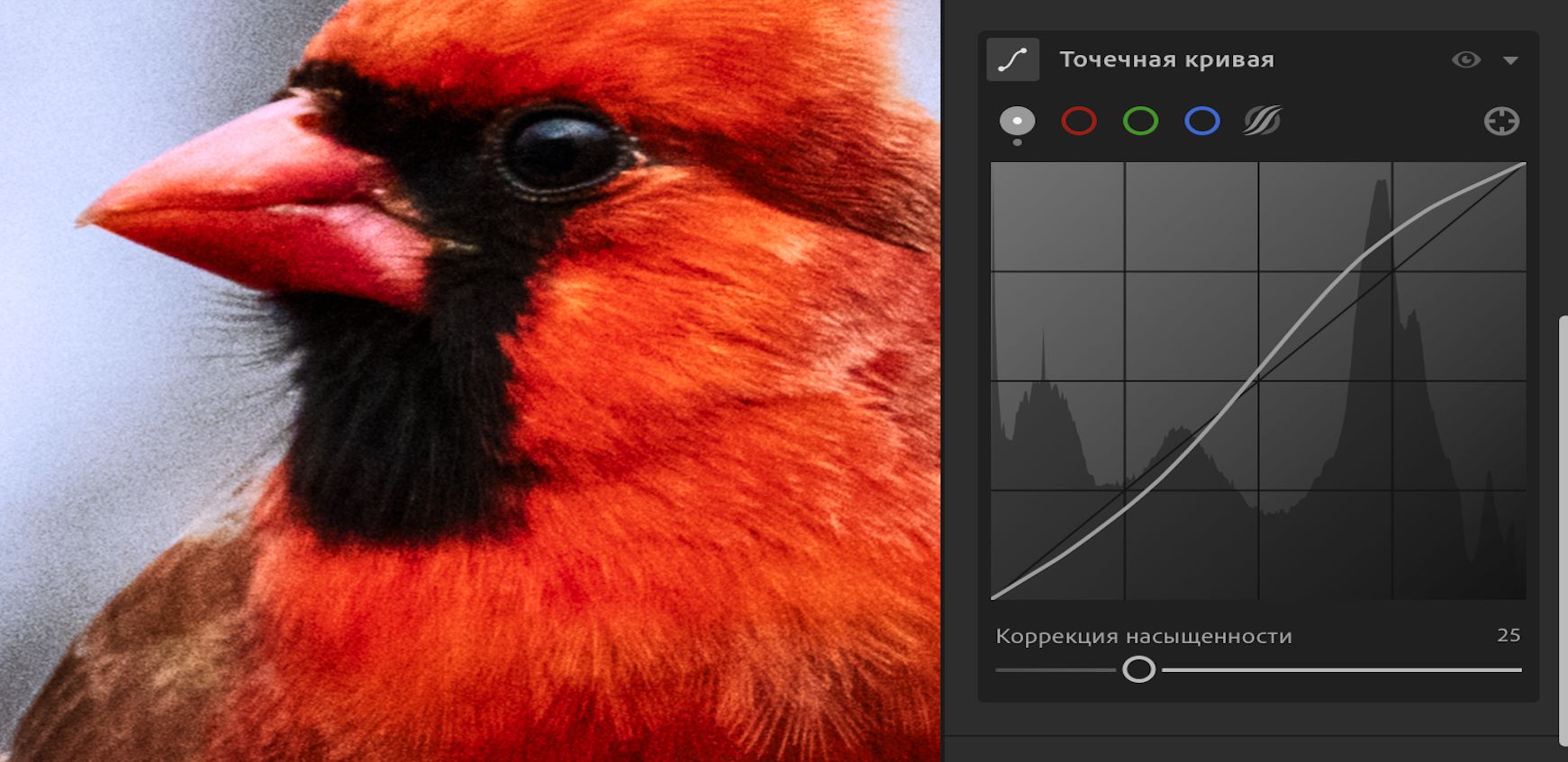По умолчанию для ползунка «Коррекция насыщенности» в точечной кривой установлено значение 100. 
