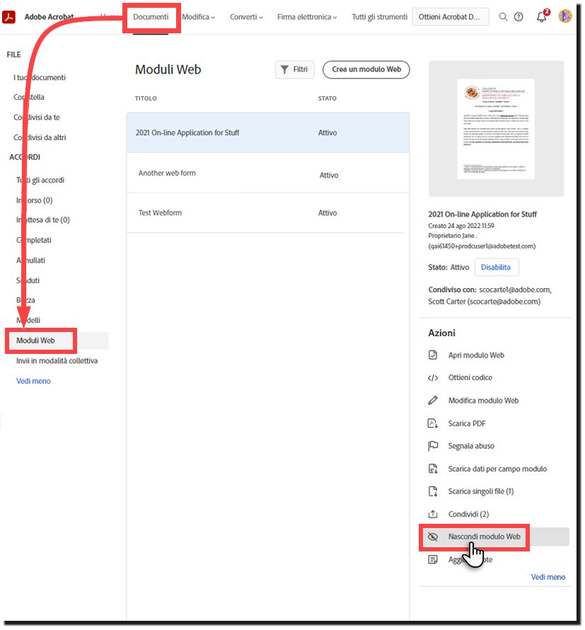 Nascondere un modulo Web