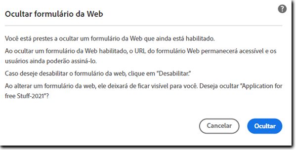 Ocultar o aviso para o formulário da Web ativo