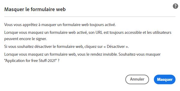 Avertissement de masquage pour le formulaire web actif