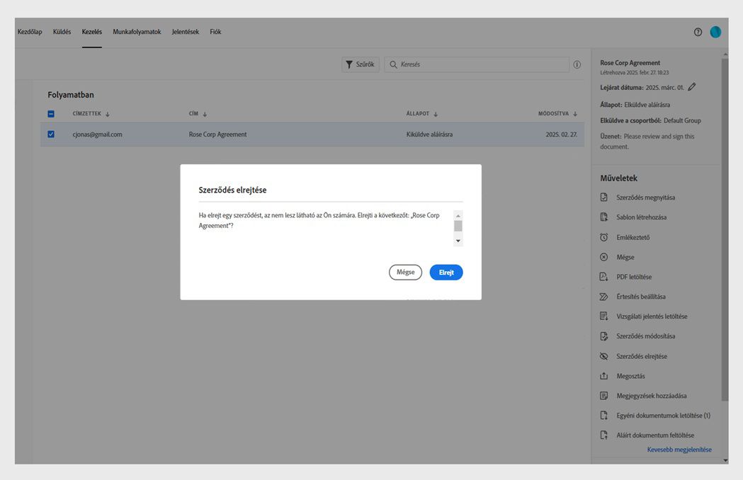 A Szerződés elrejtése párbeszédpanelen egy megerősítő üzenet és az Elrejtés gomb látható.