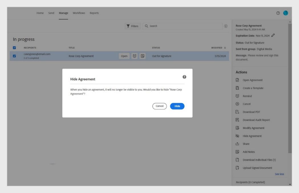 Nagpapakita ang Hide Agreement dialog ng mensahe ng kumpirmasyon at Hide button.