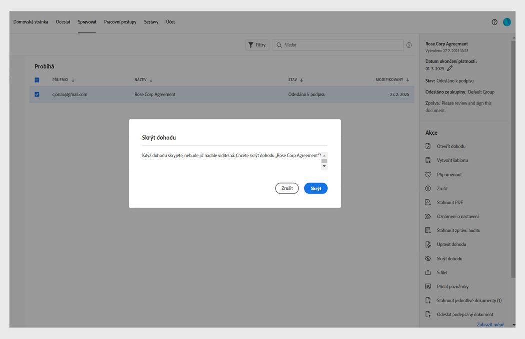 V dialogovém okně Skrýt dohodu se zobrazí zpráva s potvrzením a tlačítko Skrýt.