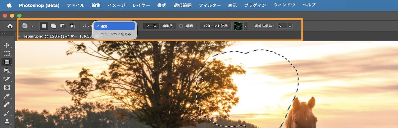 オプションバーのパッチツール設定のハイライト。