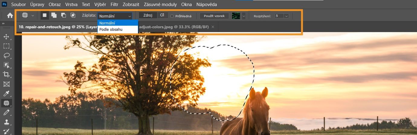Zvýraznění Nastavení nástroje Záplata v panelu options.