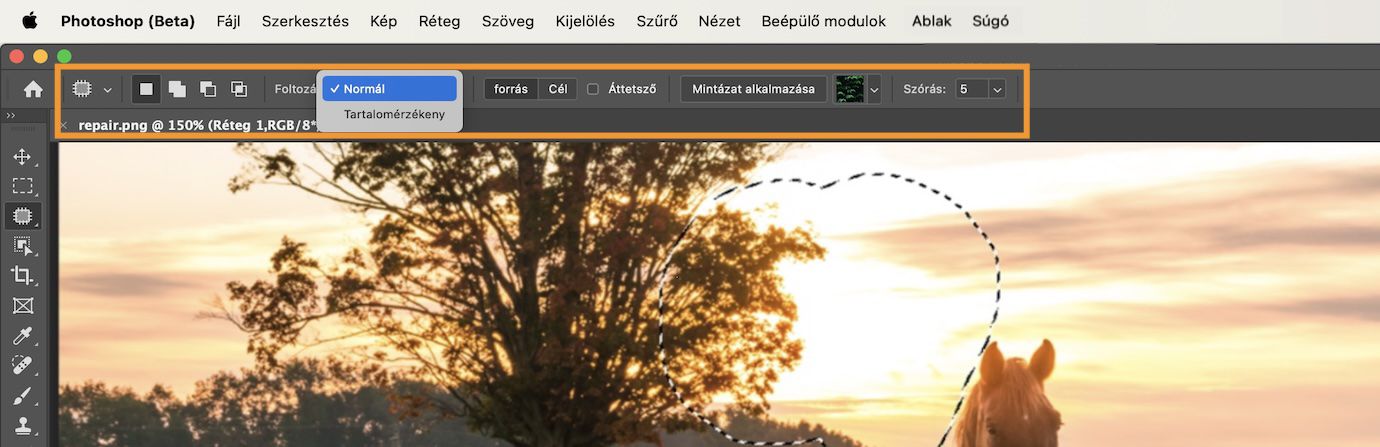 A Folt eszköz beállításai a beállítássávon.