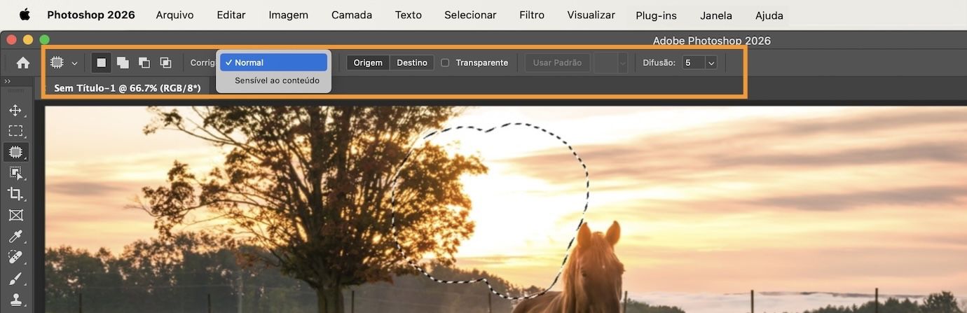Destaque das configurações da ferramenta Correção na barra de opções.