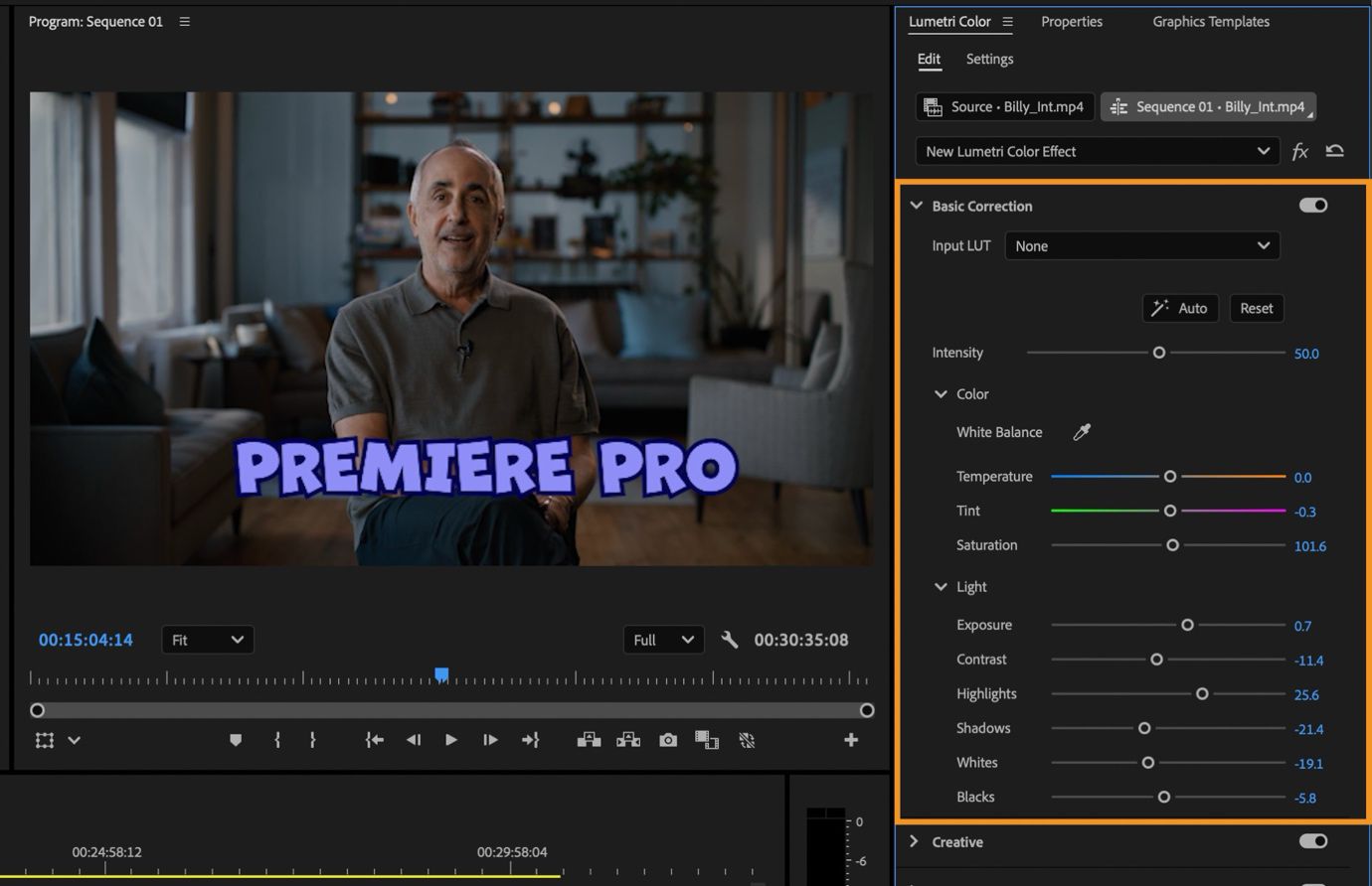 Sezione Correzione di base evidenziata nel pannello Lumetri Color che mostra i cursori per temperatura, tonalità, saturazione, esposizione, contrasto e altre regolazioni di luce e colore.