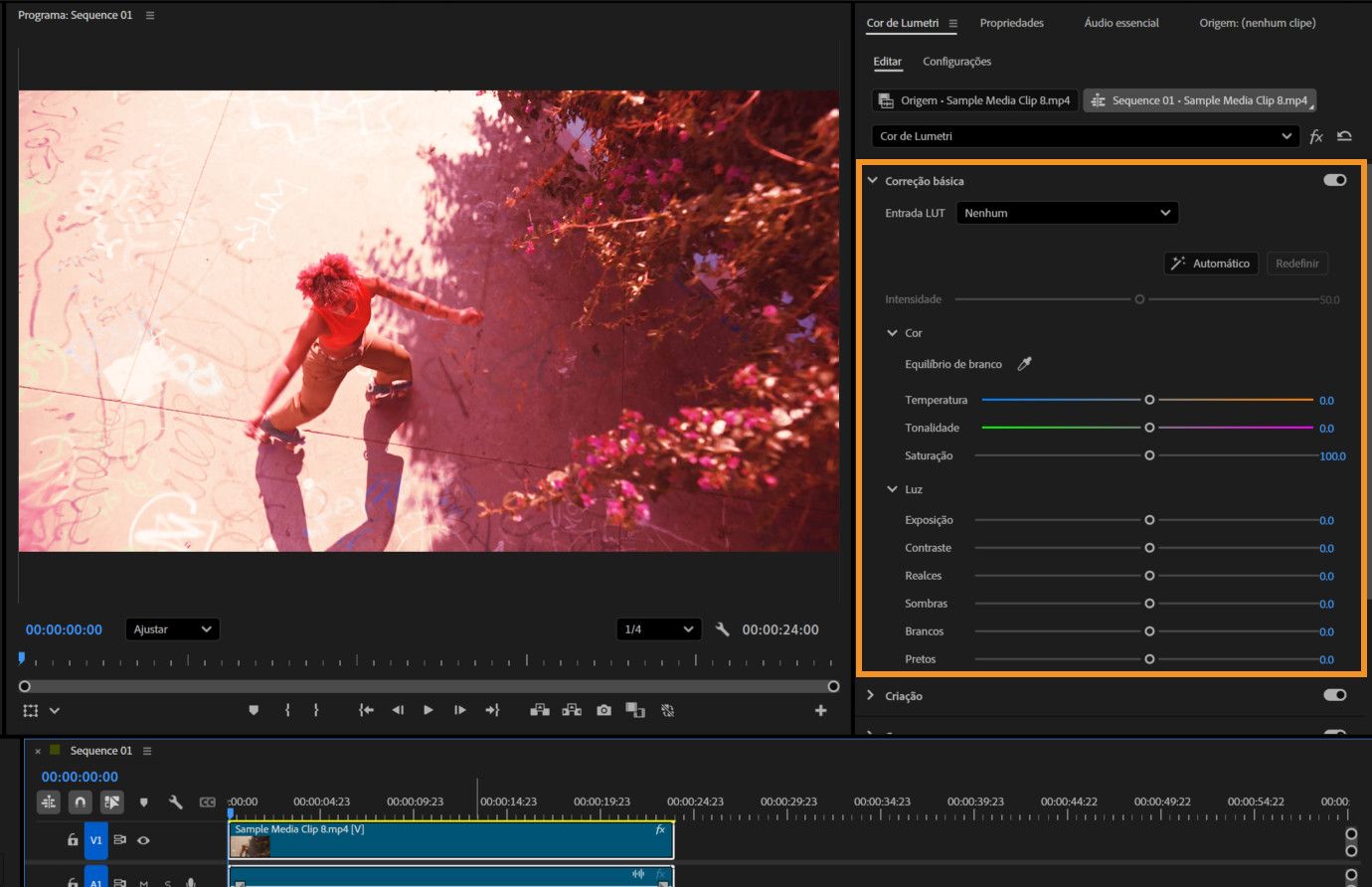 Seção “Correção básica” realçada no painel “Cor de Lumetri”, mostrando controles deslizantes de temperatura, matiz, saturação, exposição, contraste e outros ajustes de luz e cor.