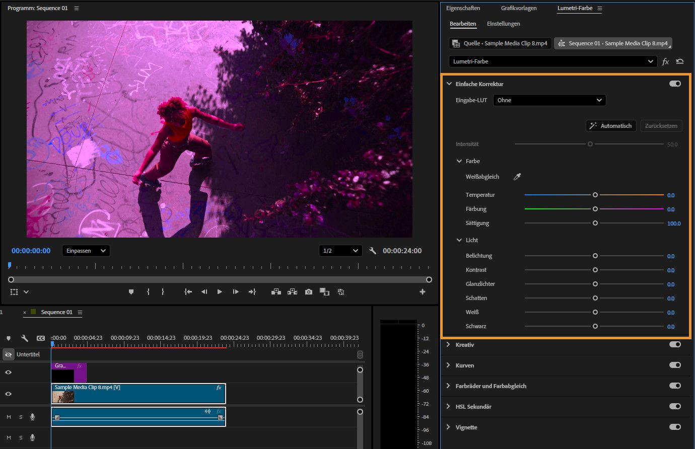 Hervorgehobener Abschnitt „Grundlegende Korrektur“ im Bedienfeld „Lumetri-Farbe“ mit Reglern für Temperatur, Farbton, Sättigung, Belichtung, Kontrast und anderen Licht- und Farbanpassungen.