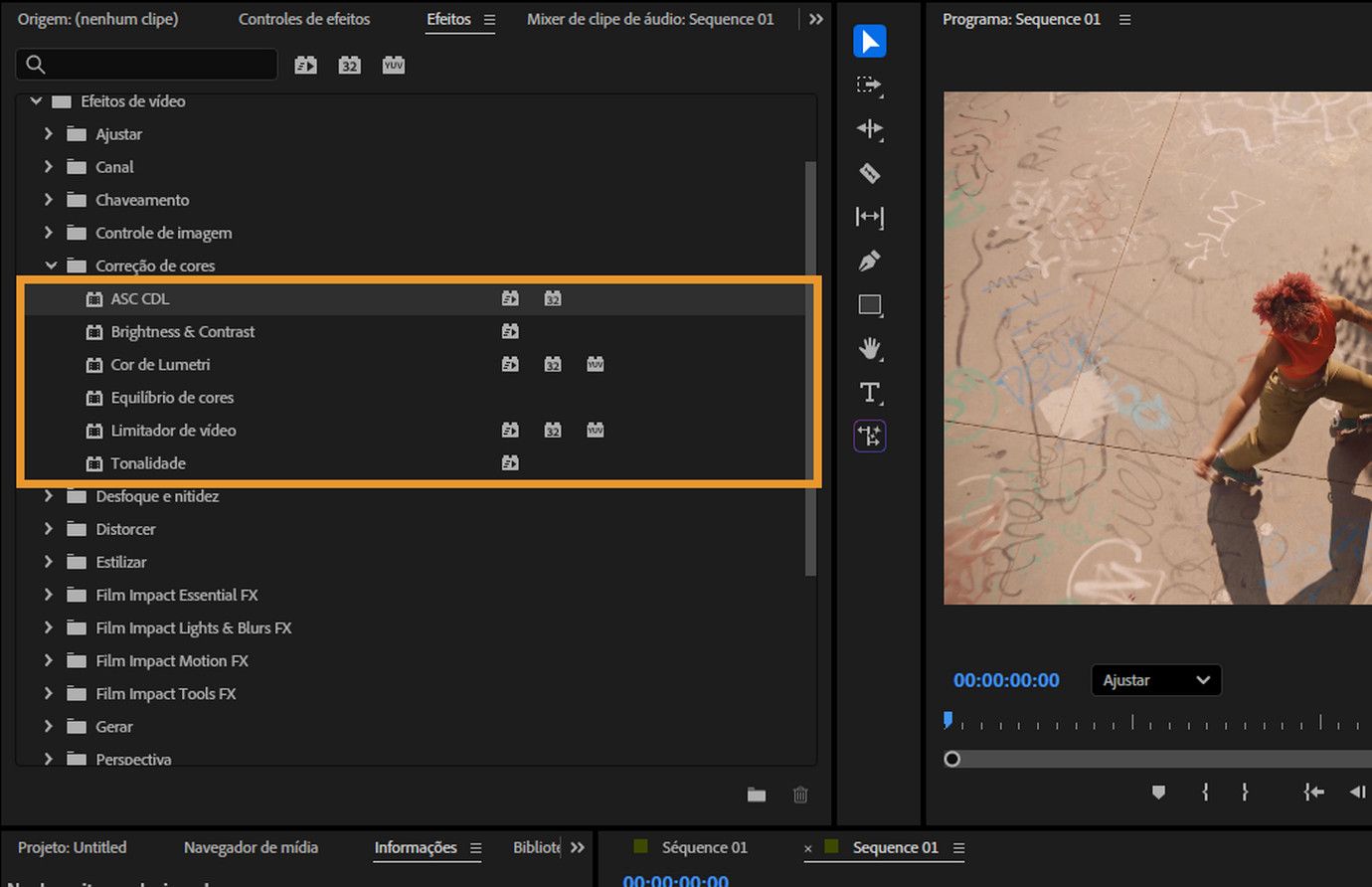 Categoria de correção de cores realçada no painel “Efeitos”, mostrando os efeitos de cor disponíveis, incluindo ASC CDL, brilho e contraste, cor de Lumetri, matiz e limitador de vídeo.