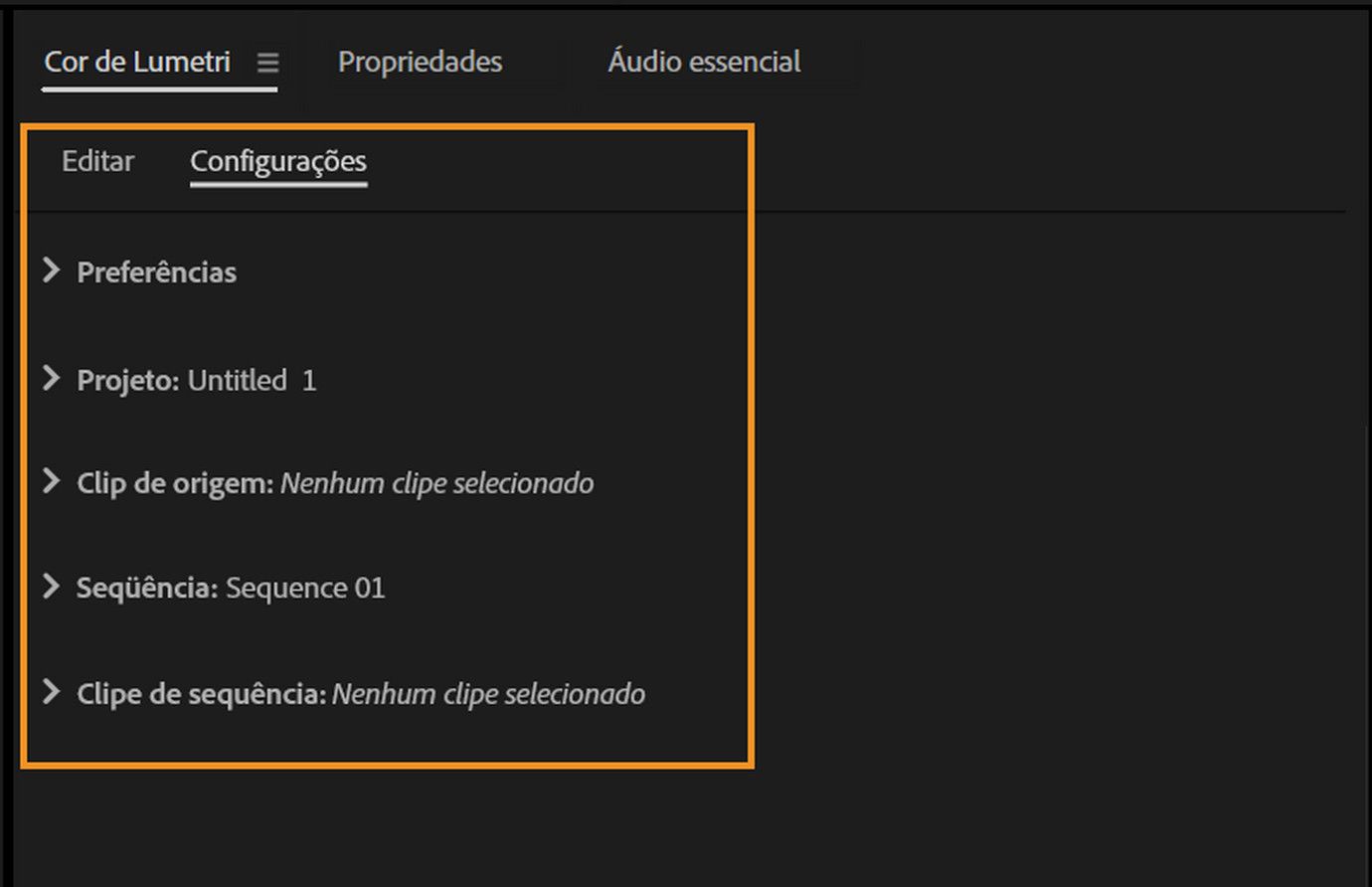 Guia “Configurações” realçada no painel “Cor de Lumetri” do Premiere Pro, mostrando o projeto, o clipe de origem, a sequência e os detalhes do clipe da sequência usados para gerenciar os ajustes de cor.